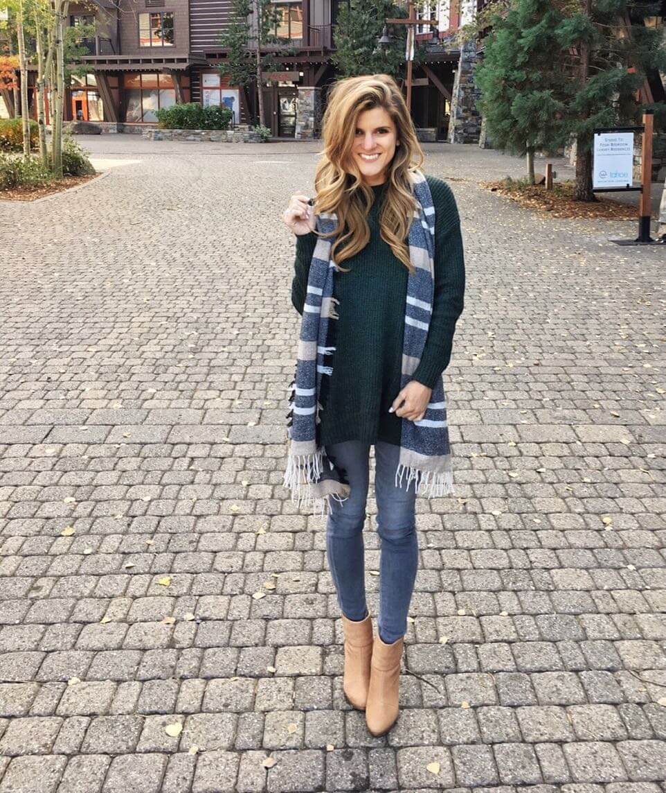 brighton the day styling lake tahoe, jeans, green sweater, stripe scarf, booties