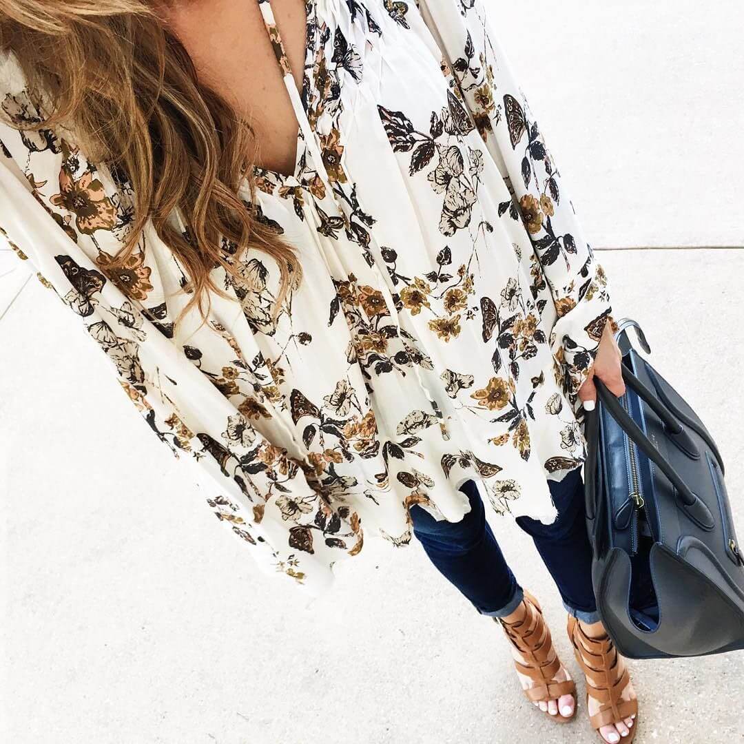 Brighton outfit closeup, floral top, celine bag, jeans