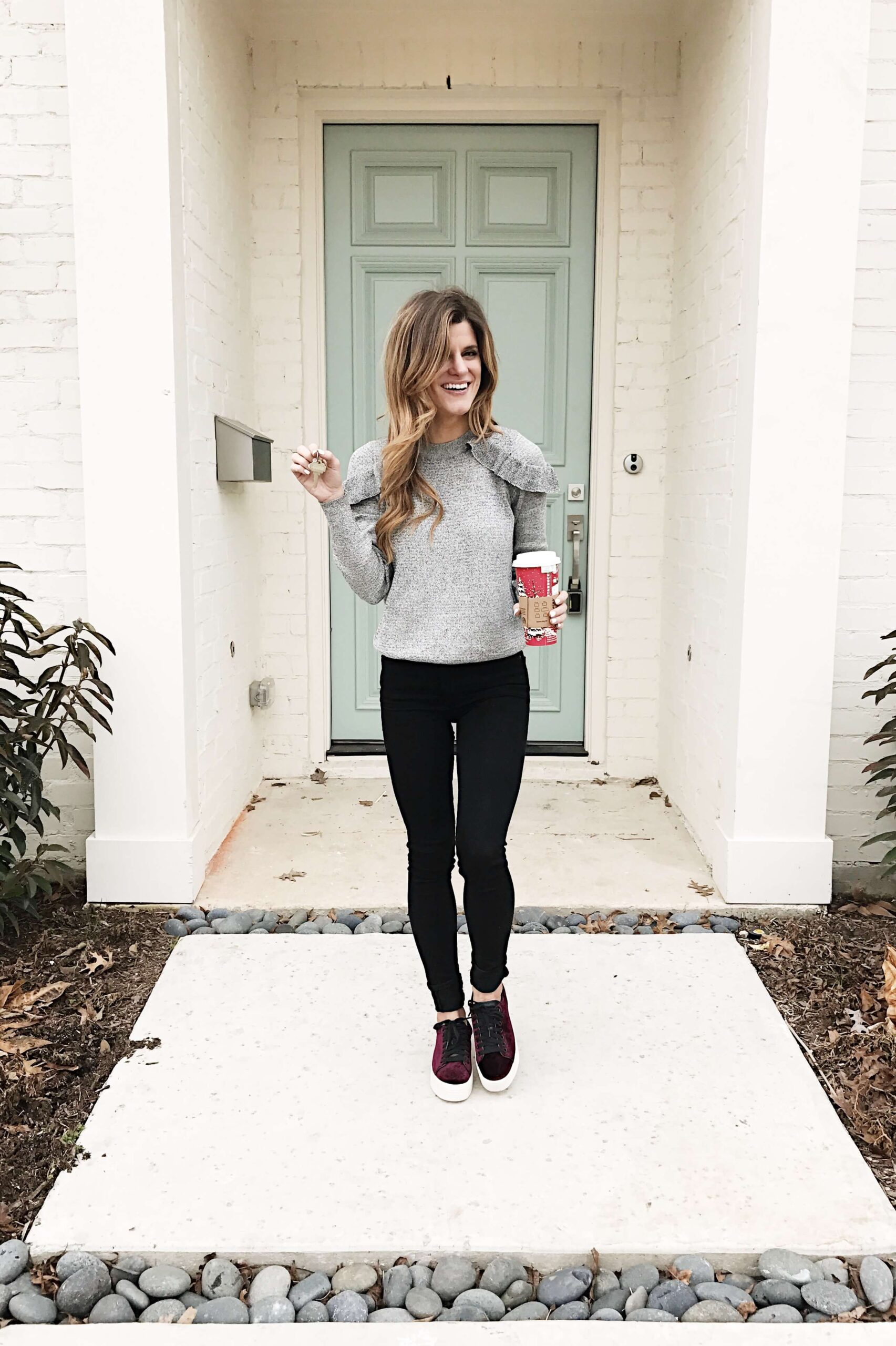 brighton keller new house ootd, burgundy sneakers, black leggings and grey sweater