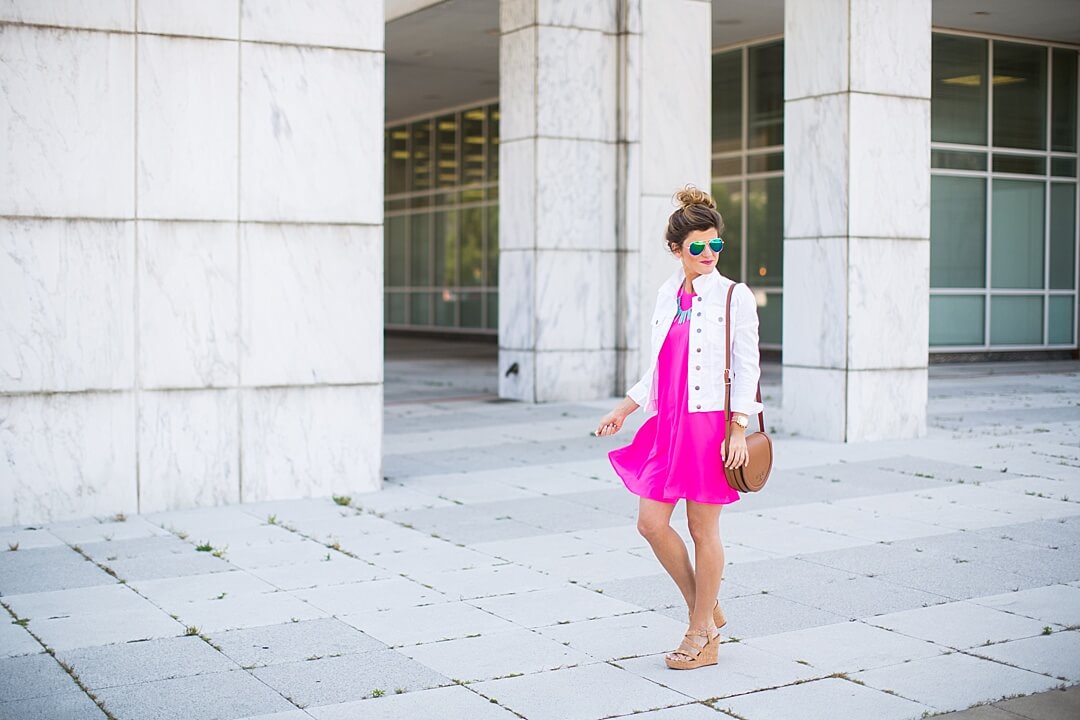 Pink dress with denim jacket hotsell