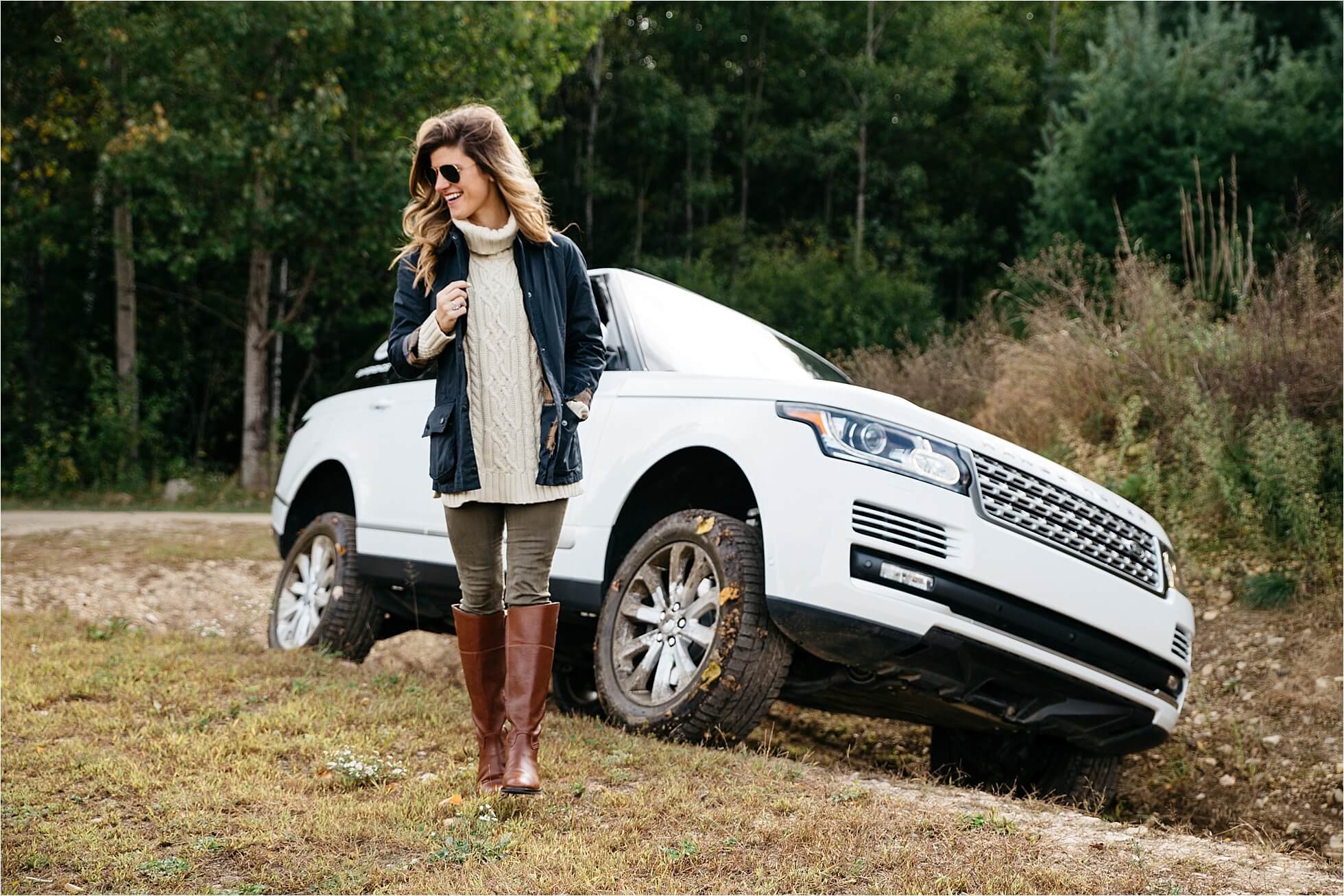 Land Rover Driving Experience in Manchester, VT brighton keller tory burch riding boots, barbour jacket, fishermen knit sweater, fall outfit