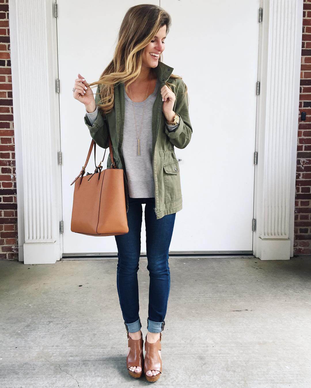 jeans, peep toe booties, military jacket, grey sweater