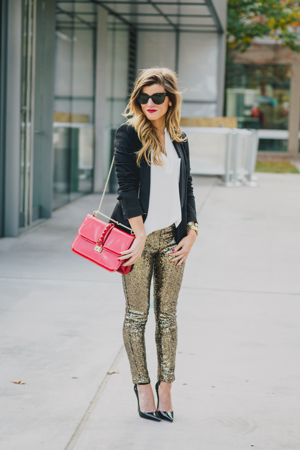 Sequin Leggings white shirt black blazer so kate heels holiday outfit