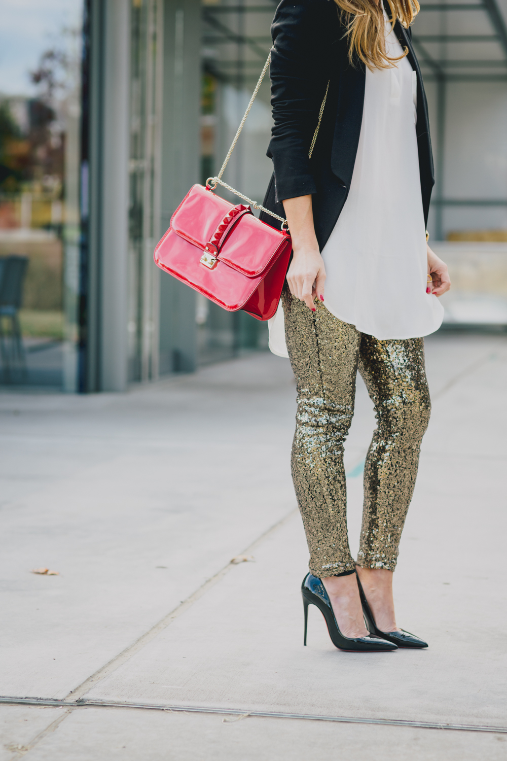 Sequin Leggings white shirt black blazer so kate heels holiday outfit