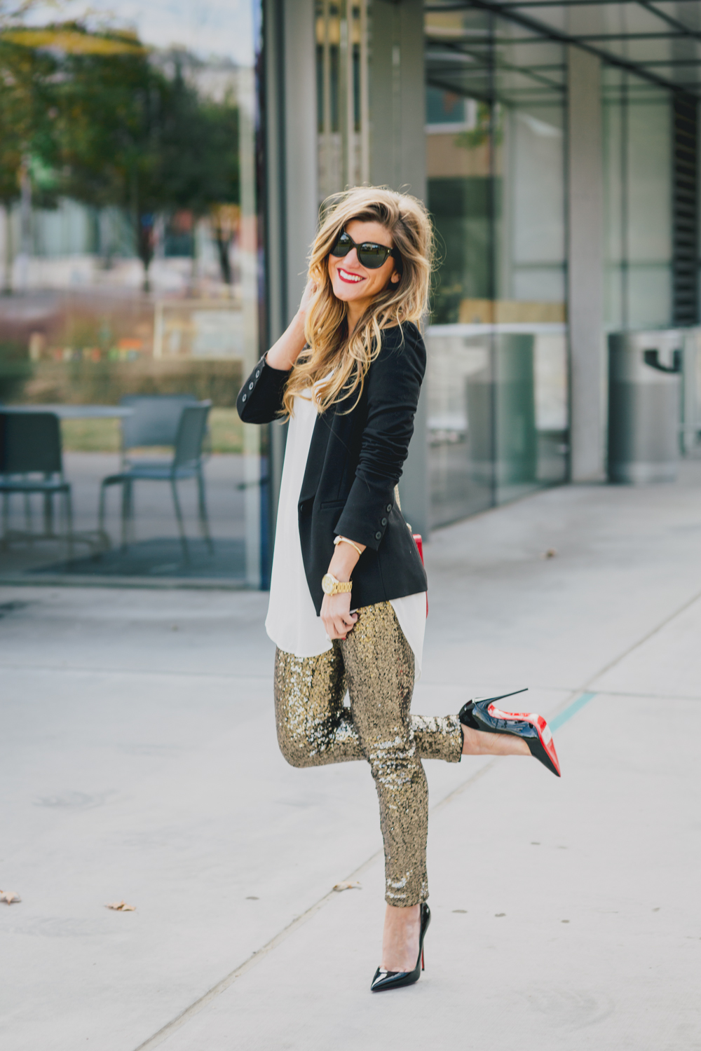 Sequin Leggings white shirt black blazer so kate heels holiday outfit