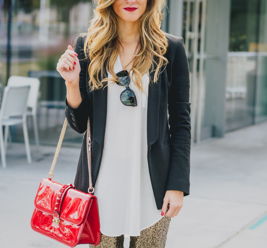 close up of outfit shirt black blazer so kate heels holiday outfit