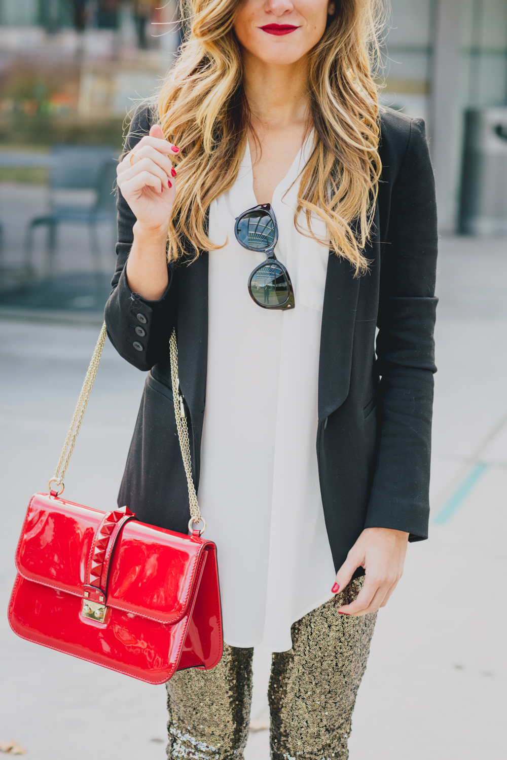 Sequin Leggings white shirt black blazer so kate kate heels holiday outfit 4