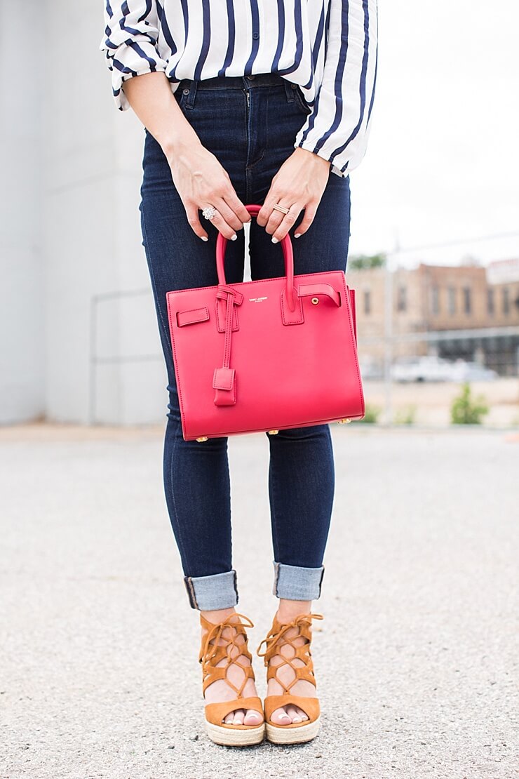 red sac du jour + cognac wedges + rolled skinny jeans 