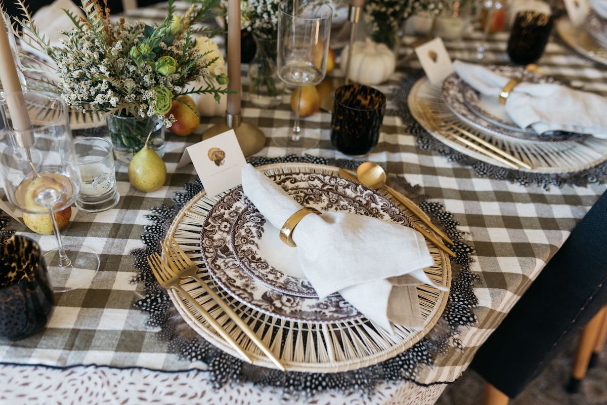 Thanksgiving Fall Tablescape, gingham tablecloth, Spode plates, two's company feather placemats