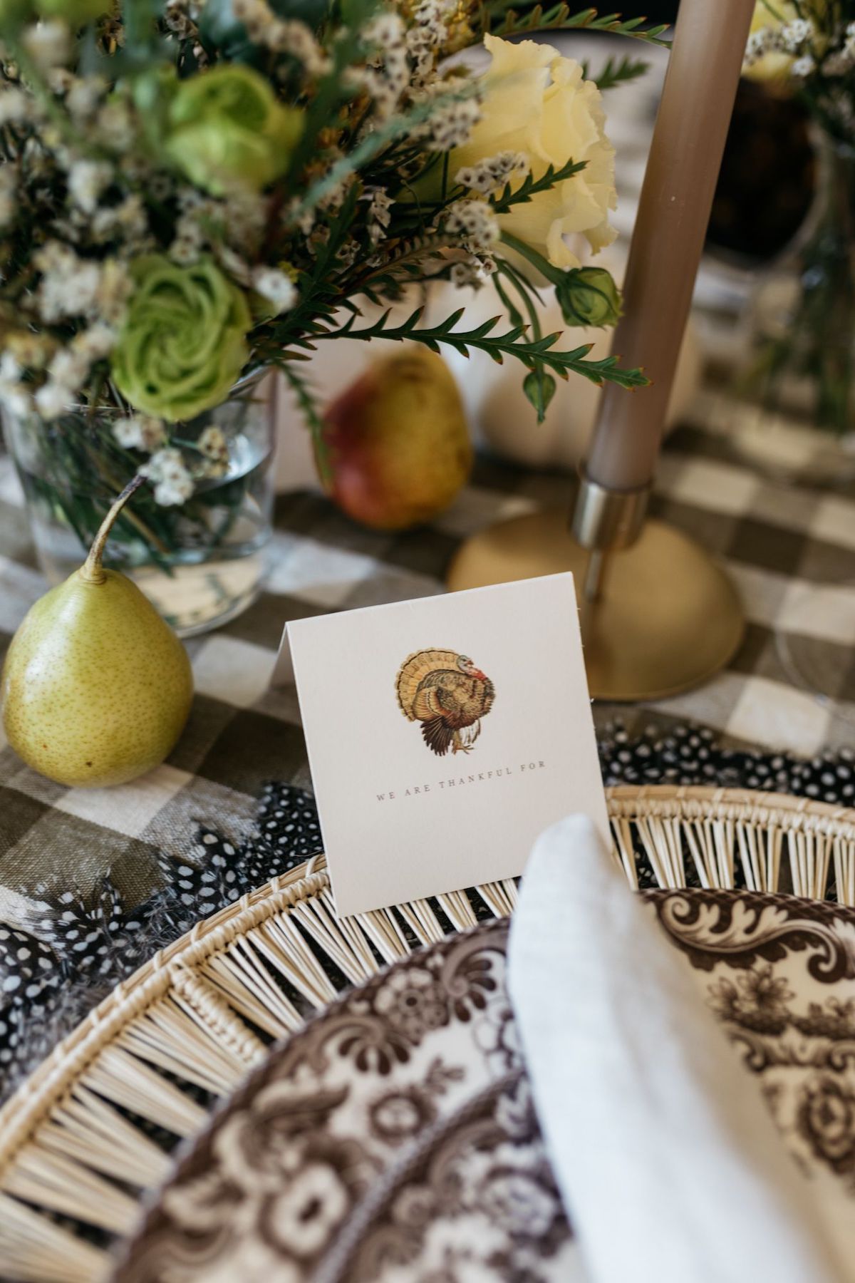 Thanksgiving Fall Tablescape, gingham tablecloth, Spode plates, two's company feather placemats