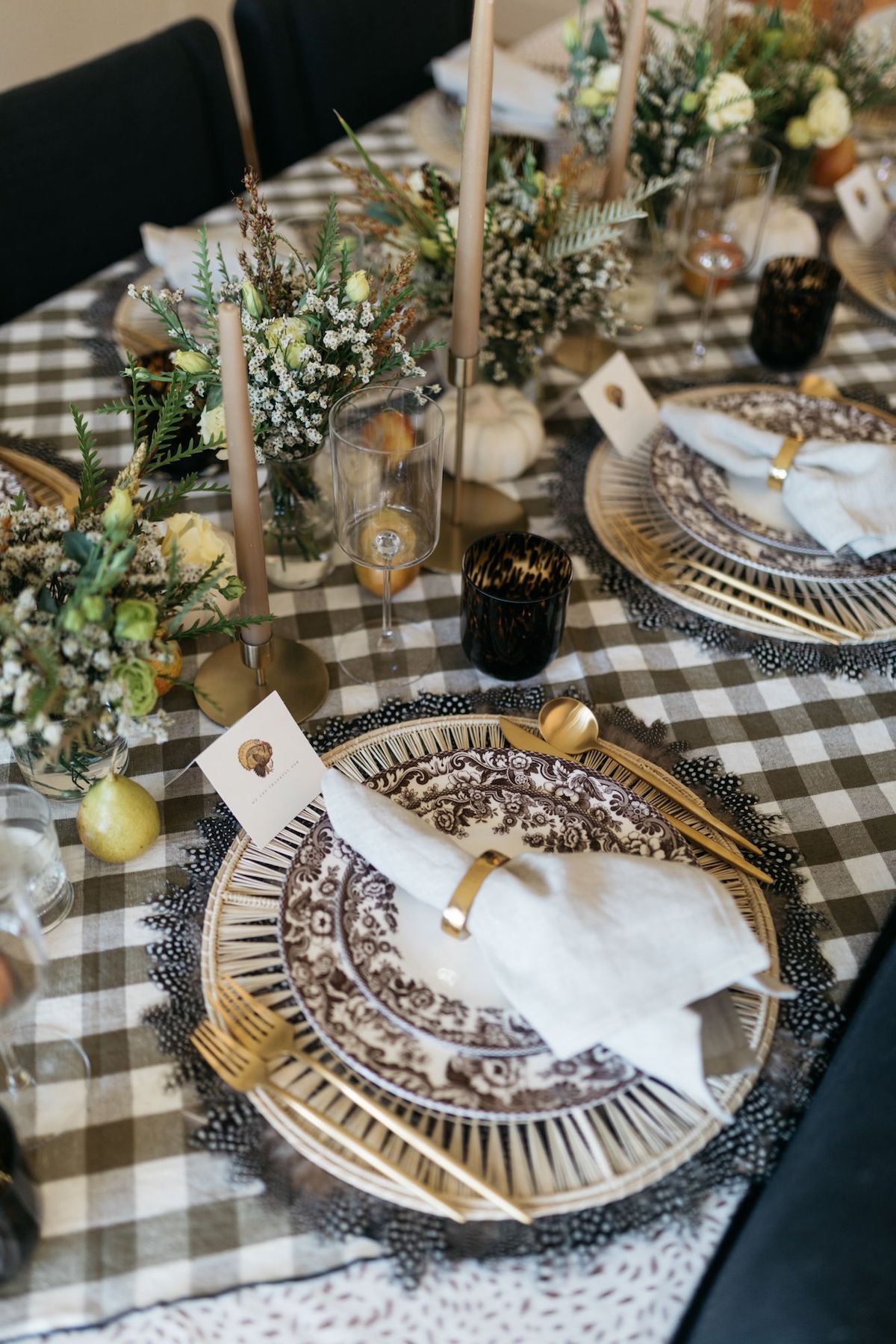 Thanksgiving Fall Tablescape, gingham tablecloth, Spode plates, two's company feather placemats