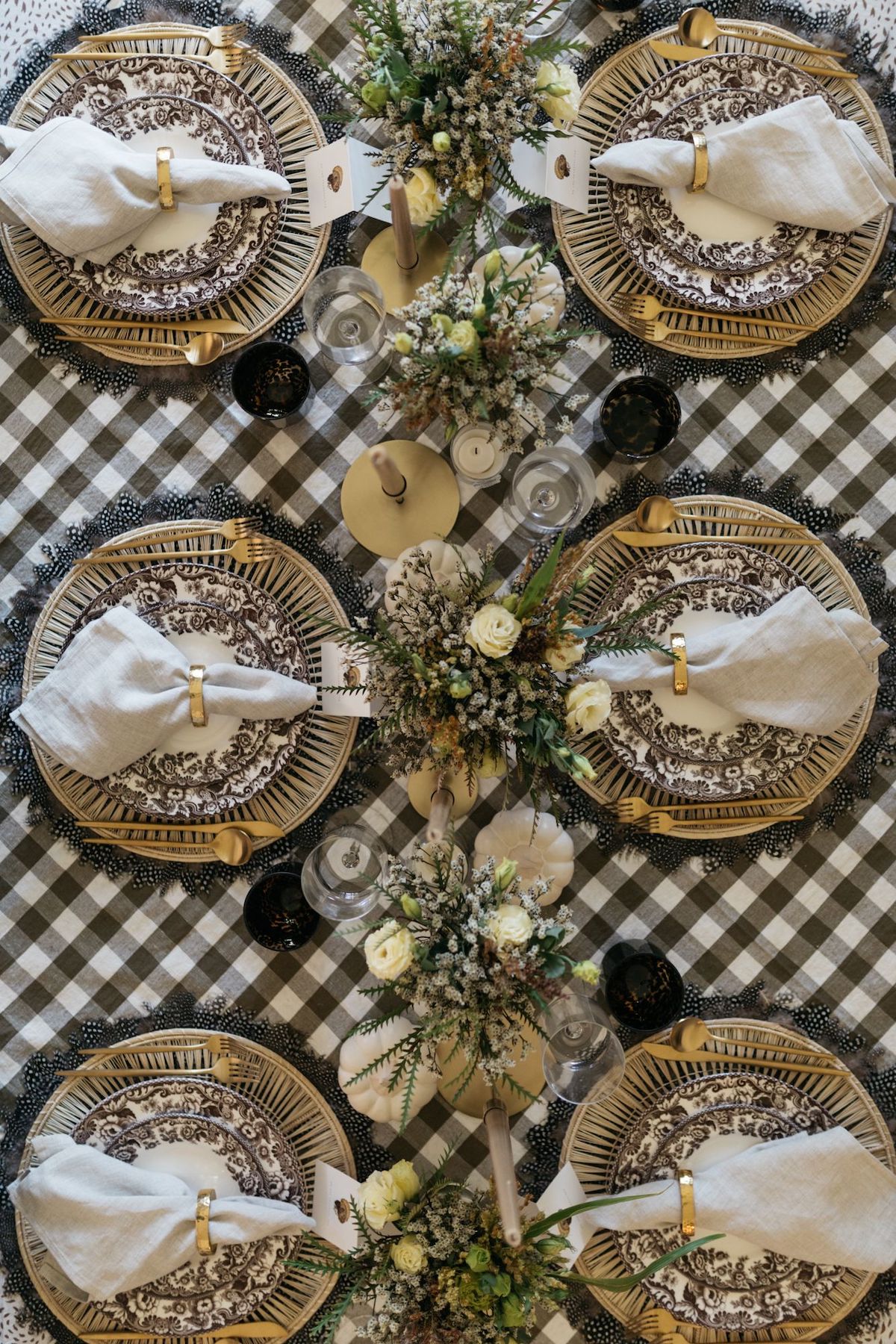 Thanksgiving Fall Tablescape, gingham tablecloth, Spode plates, two's company feather placemats