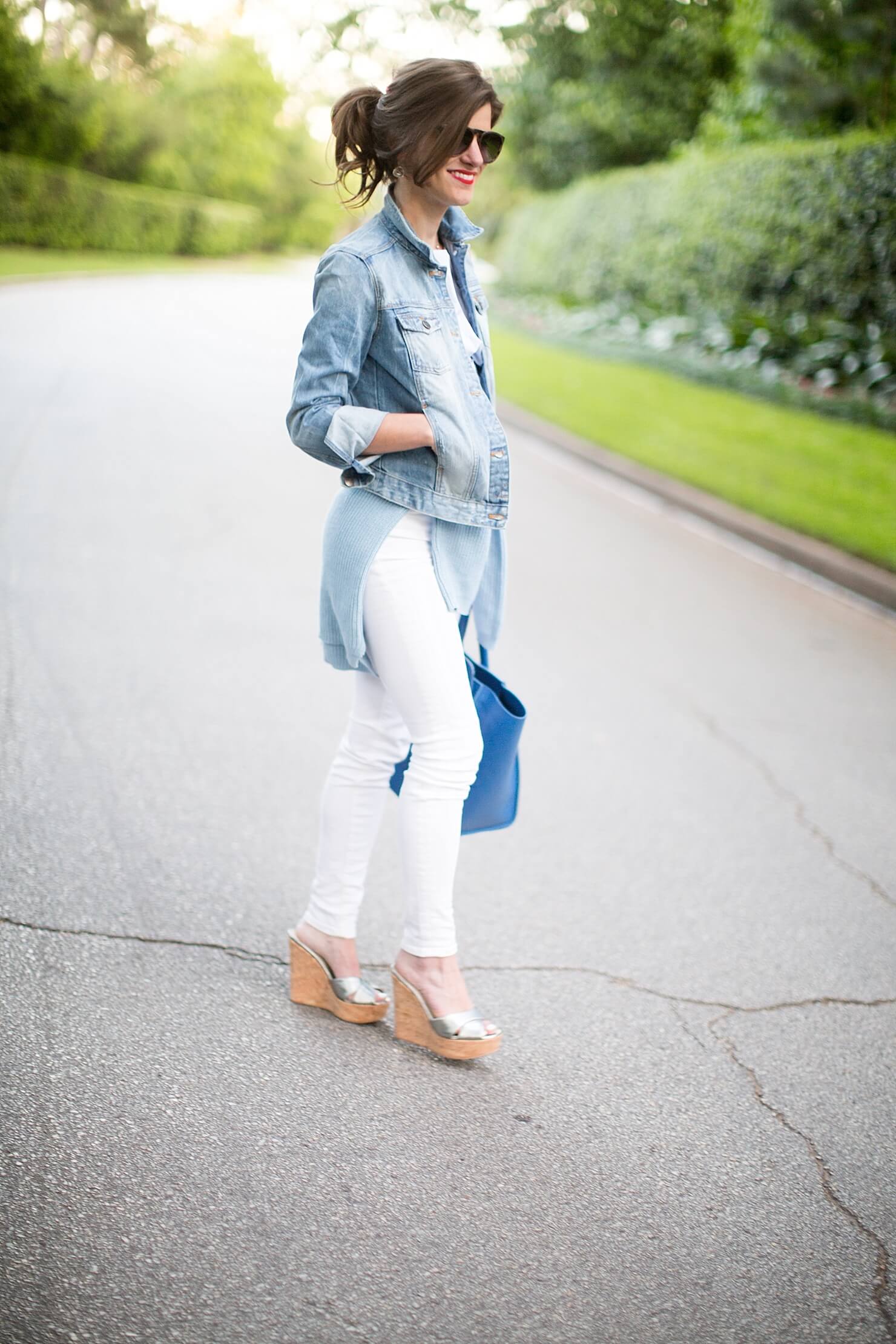 White Skinny Jeans + Zara Crop Top + Silver Summer Cork Wedges + Blue Celine + shades of blue summer outfit 3