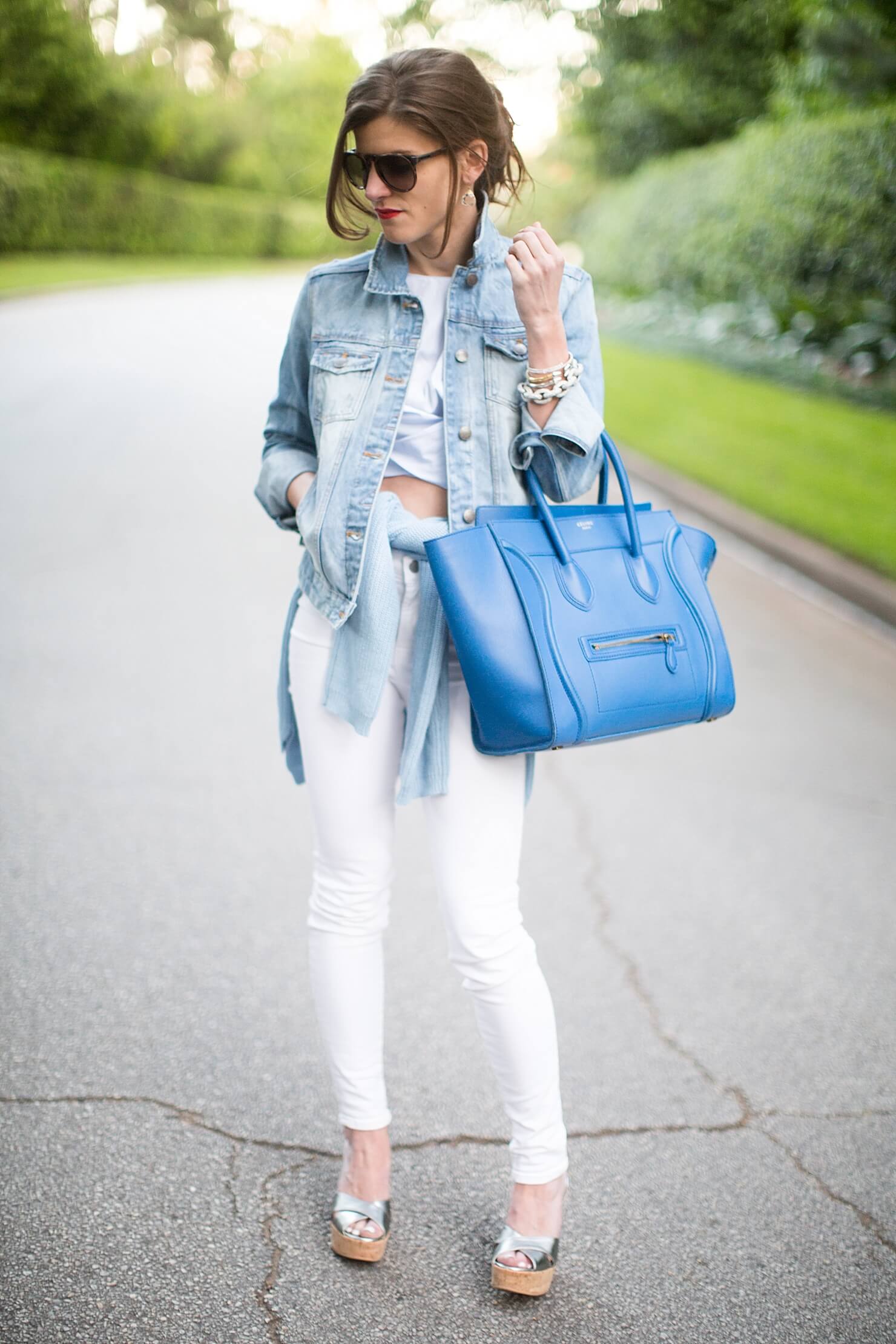 White Skinny Jeans + Zara Crop Top + Silver Summer Cork Wedges + Blue Celine + shades of blue summer outfit 6