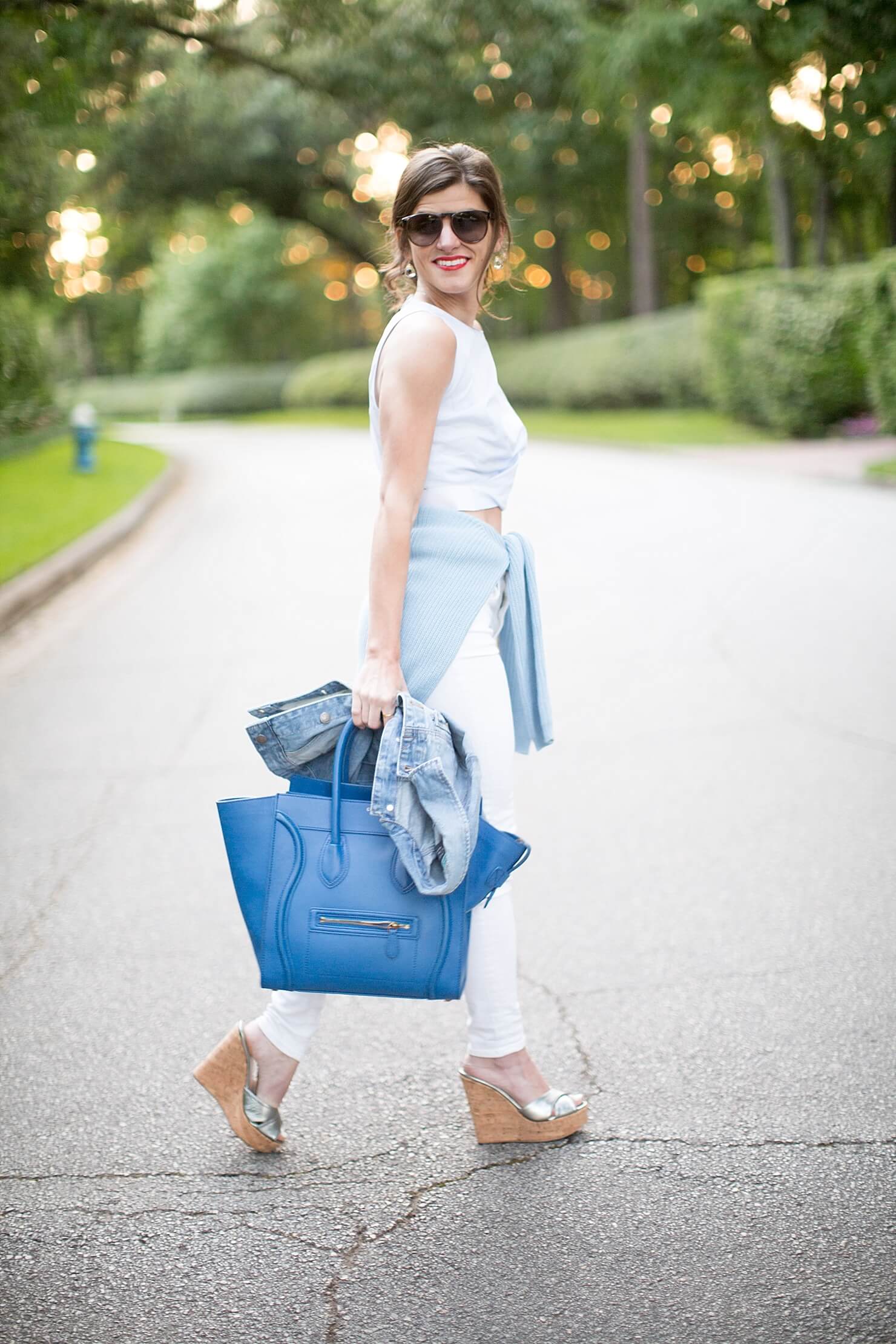 White Skinny Jeans + Zara Crop Top + Silver Summer Cork Wedges + Blue Celine + shades of blue summer outfit 9