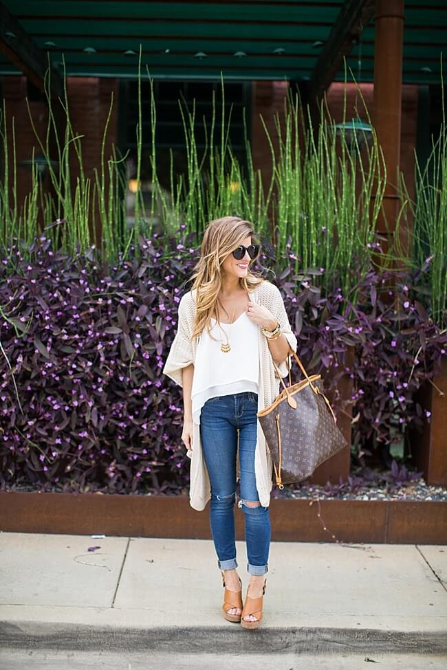 Brighton the day styling spring outfit with neutral tone sweater and tank