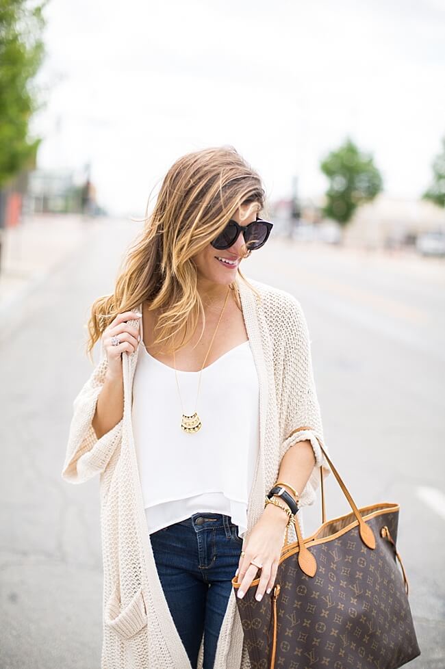 Brighton the day layered cardigan over white camisole with kendra scott pendant