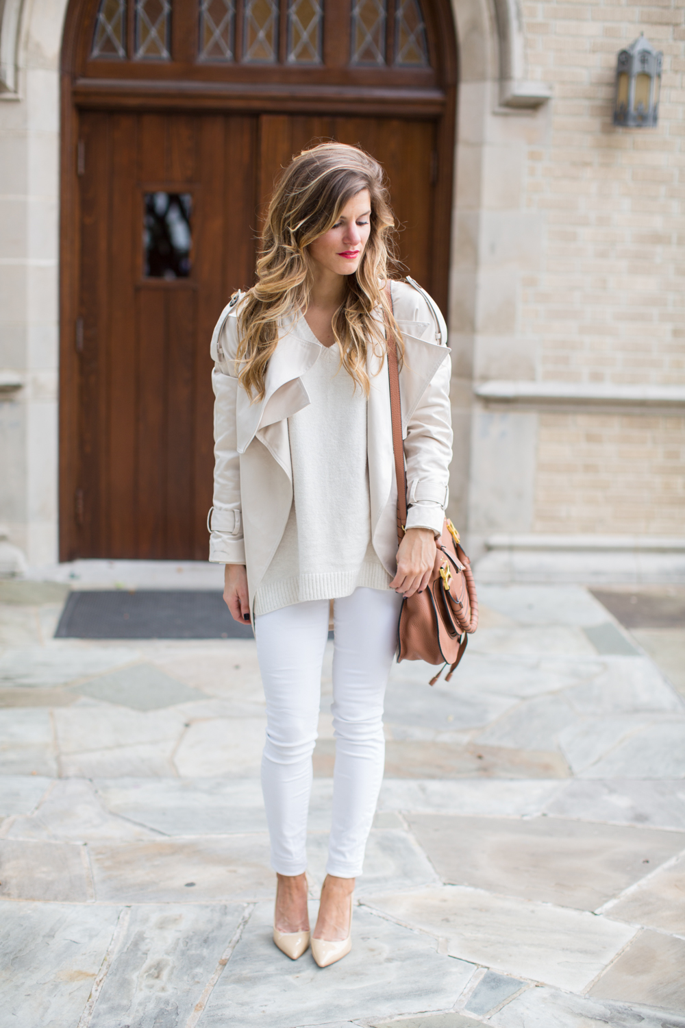 Winter White Look with white jeans cream sweater chloe bag nude patent pumps, winter white outfit, chloe marcie bag in tan, white jeans outfit in winter, tone on tone outfit, all white winter outfit