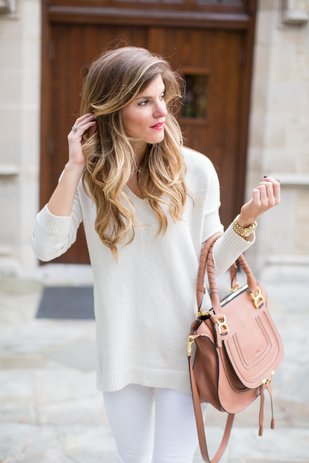 Winter White Look with white jeans cream sweater chloe bag nude patent pumps-93