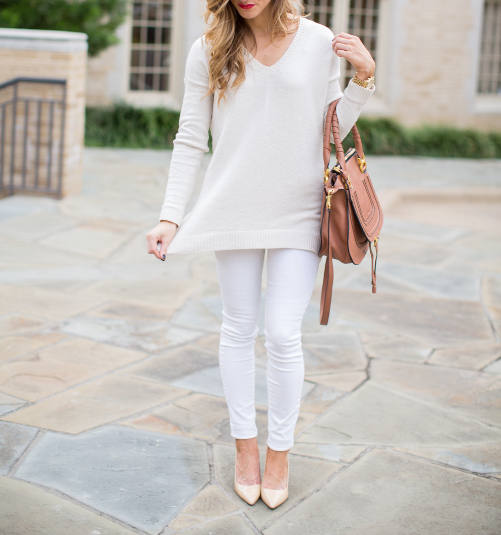 Winter White Look with white jeans cream sweater chloe bag nude patent pumps, winter white outfit, chloe marcie bag in tan, white jeans outfit in winter, tone on tone outfit, all white winter outfit