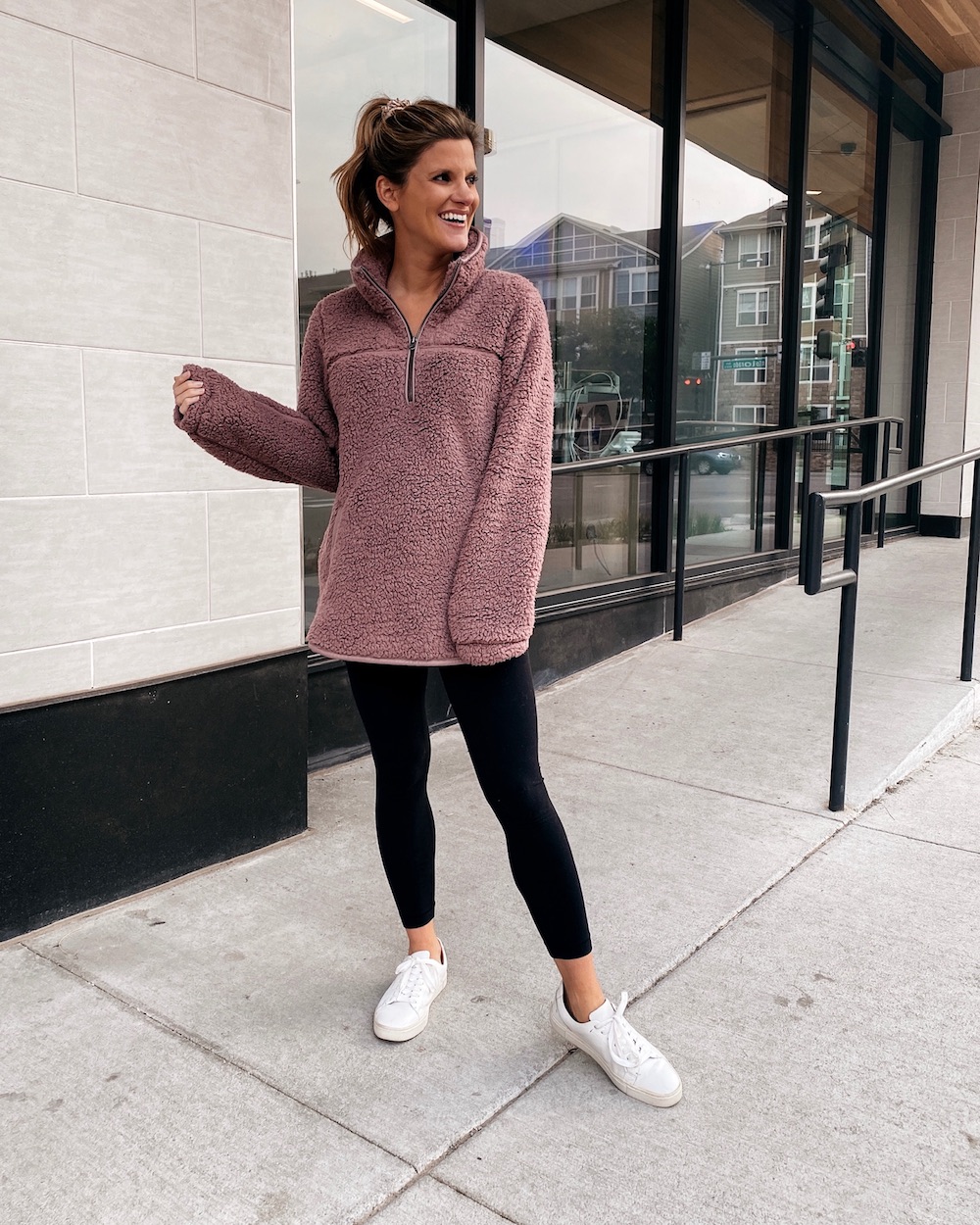 abercrombie fleece, black leggings, white sneakers, cozy fall outfit