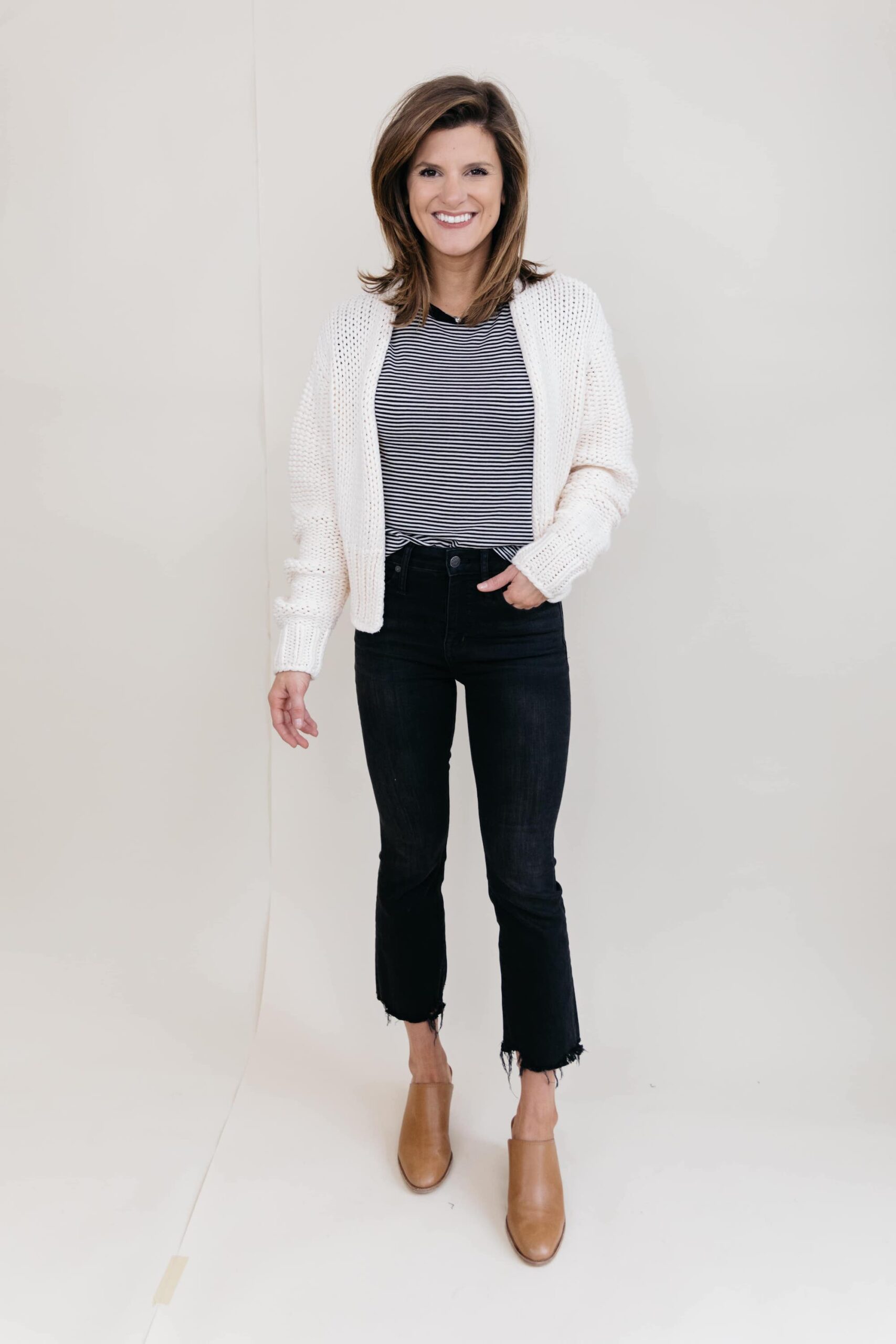 black cropped flares, striped tee, cropped cardigan, tan closed toe mules