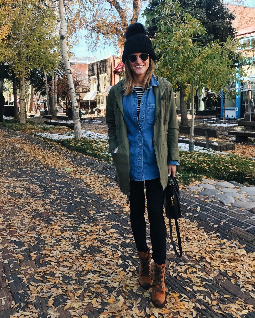 black jeans, chambray top, black and white striped tee