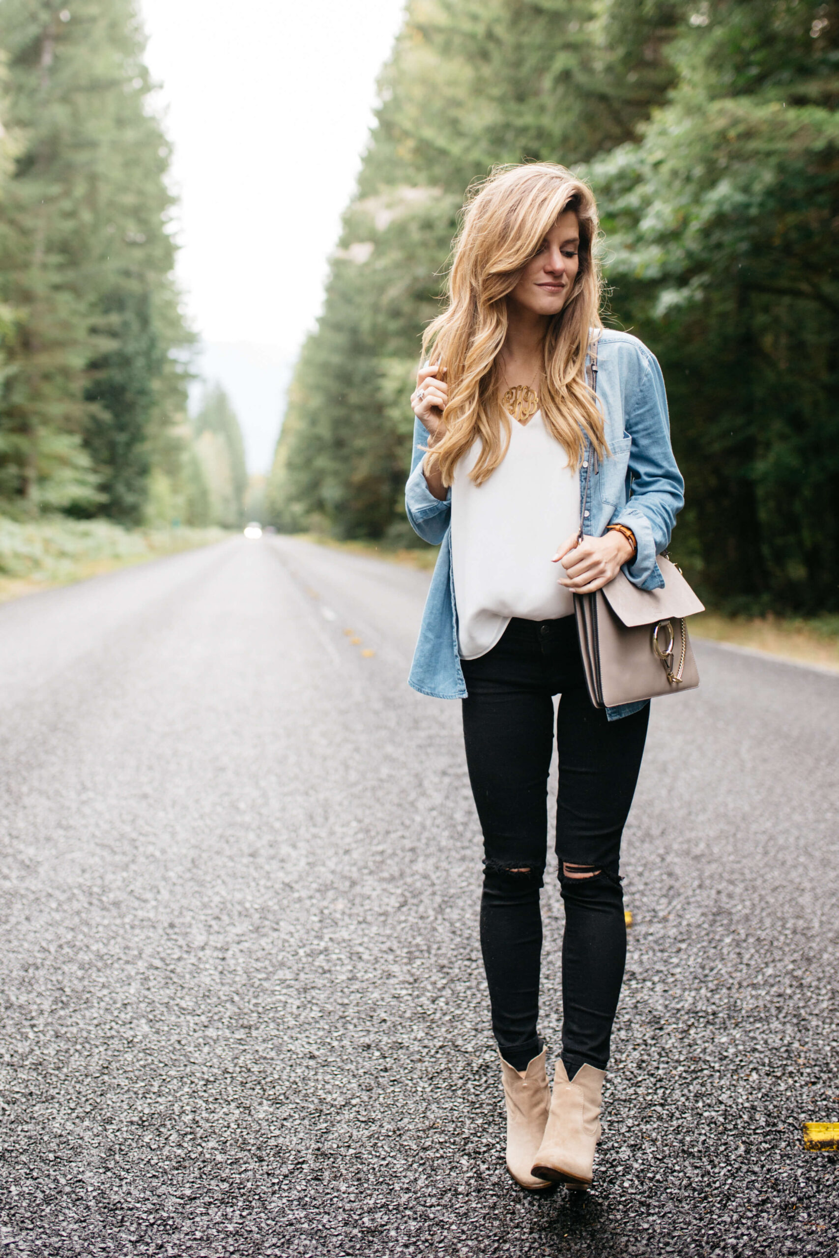 black jeans outfit white tank chambray shirt vince camuto booties, fall transitional outfit, cute fall outfit idea, chambray shirt outfit, how to wear a chambray shirt, denim shirt outfit