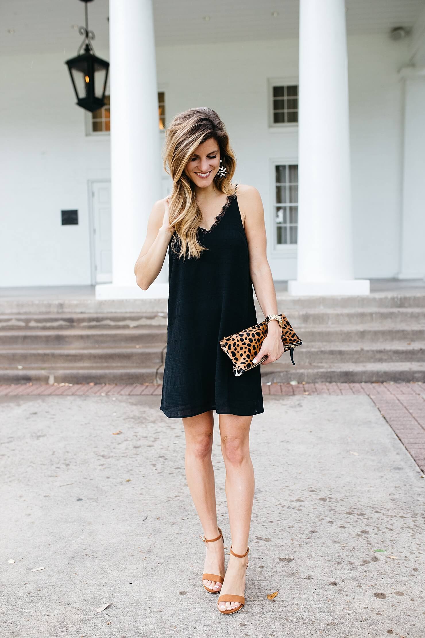 BP black lace trim dress, clare vivier leopard clutch, express shoes, baublebar statement earrings, black and brown summer outfit