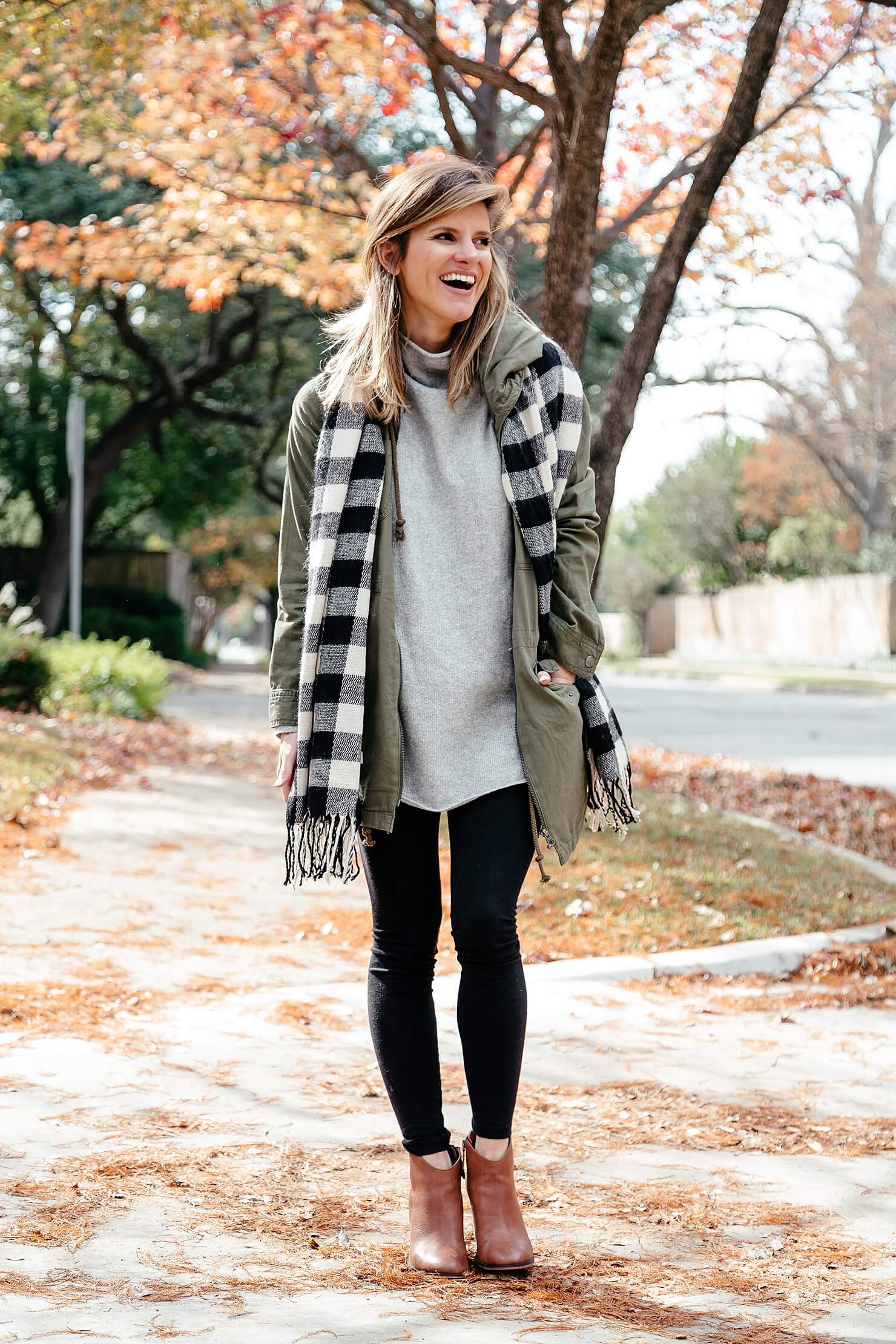 black leggings outfit with grey tunic, scarf, brown booties 11