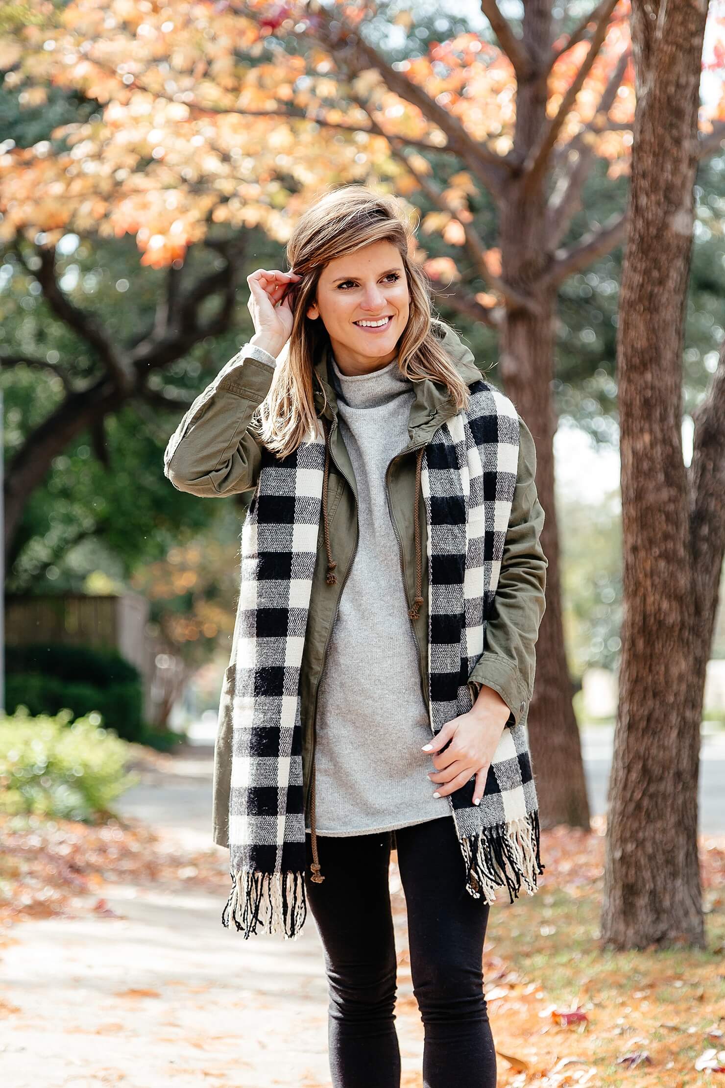 black leggings outfit with grey tunic, scarf, brown booties 6