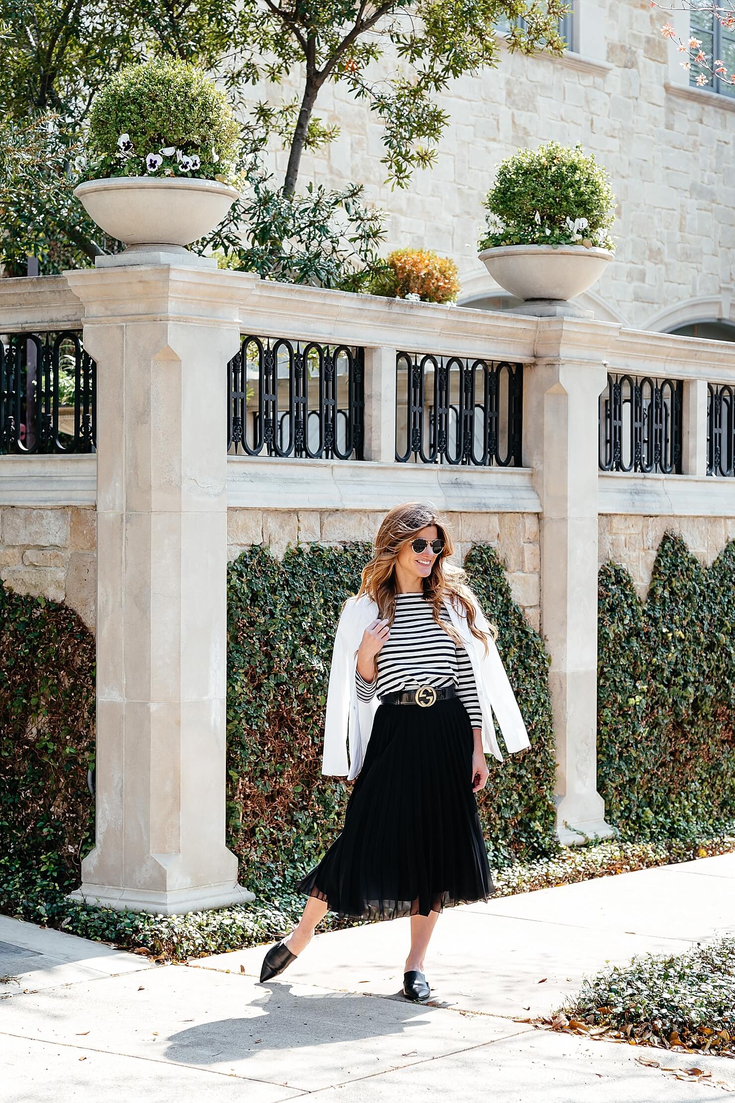 black pleated midi skirt, striped tee, gucci belt, pointed toe flats 13