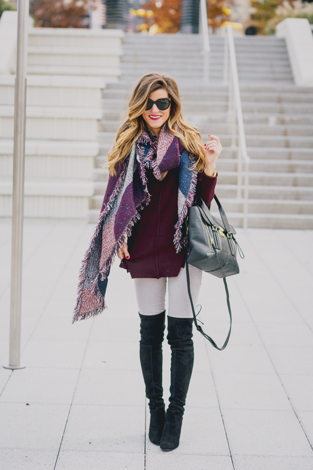 Maroon knee high boots outfit online