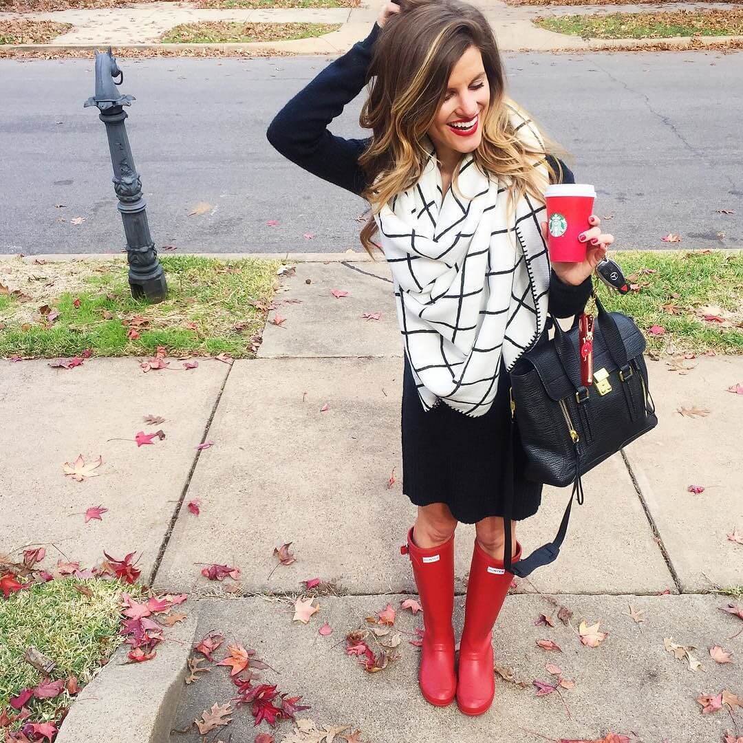 black sweater dress, neutral blanket scarf, red hunter boots winter outfit idea