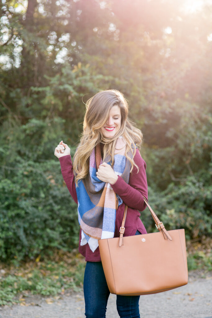 oversized plaid blanket scarf with burgundy sweater and ugg charlee booties