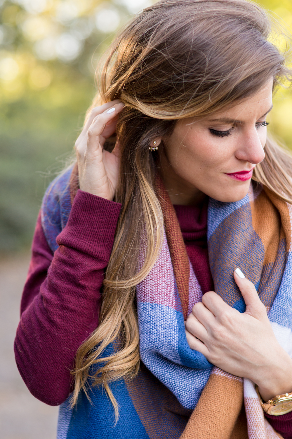 oversized plaid blanket scarf with burgundy sweater and ugg charlee booties