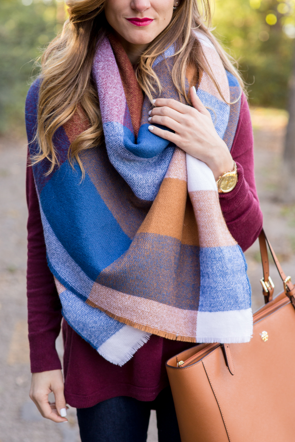 giant check blanket scarf and burgundy sweater