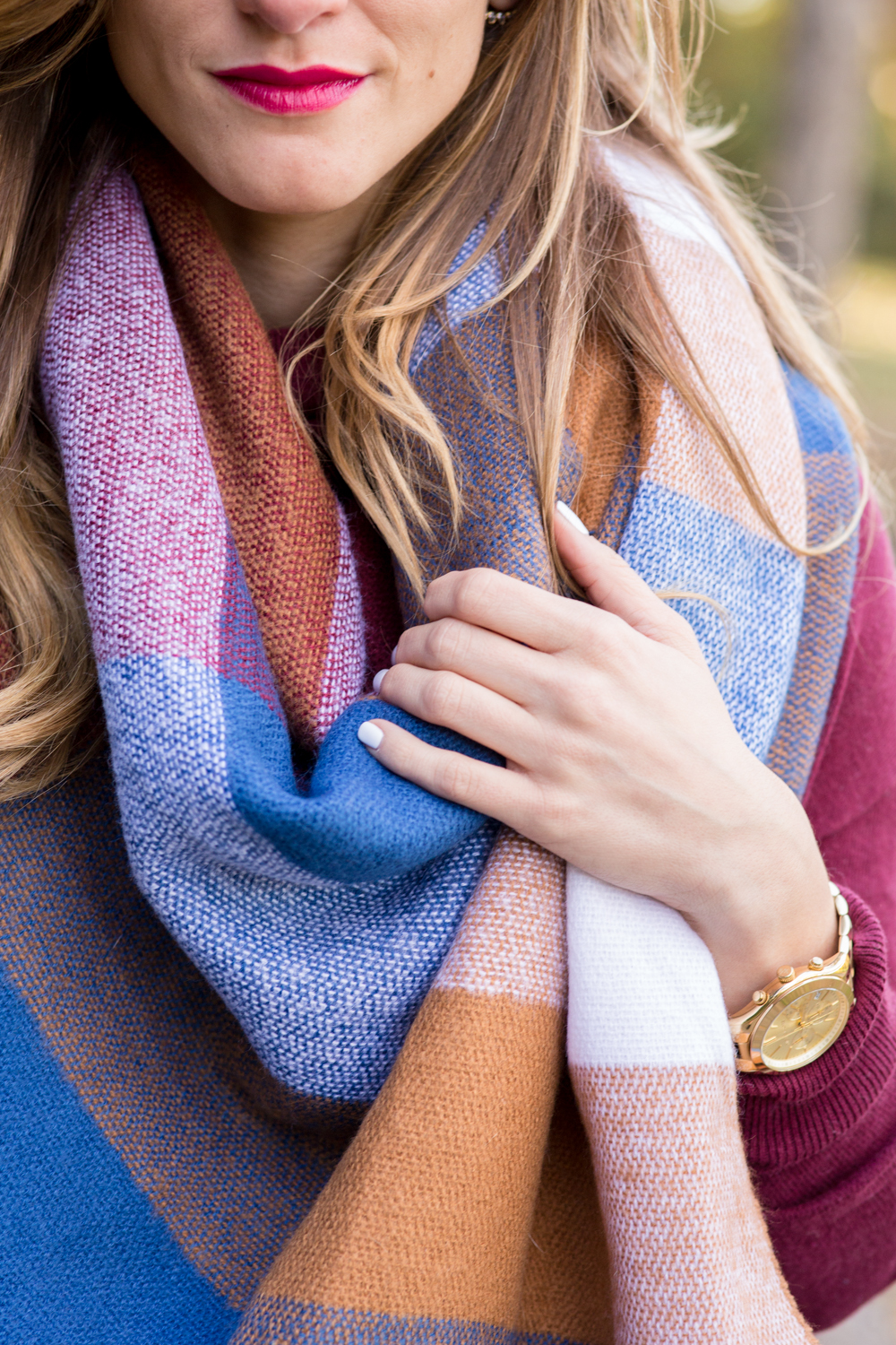 oversized plaid blanket scarf with burgundy sweater and ugg charlee booties