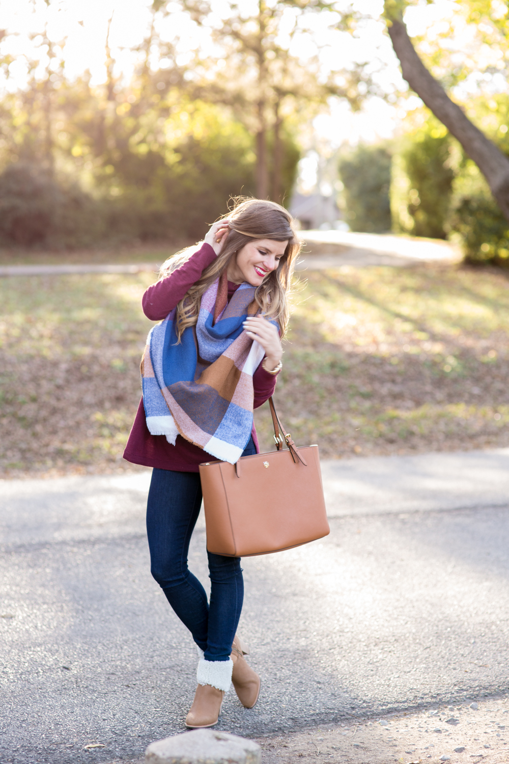 giant check blanket scarf with bugundy sweater ugg booties