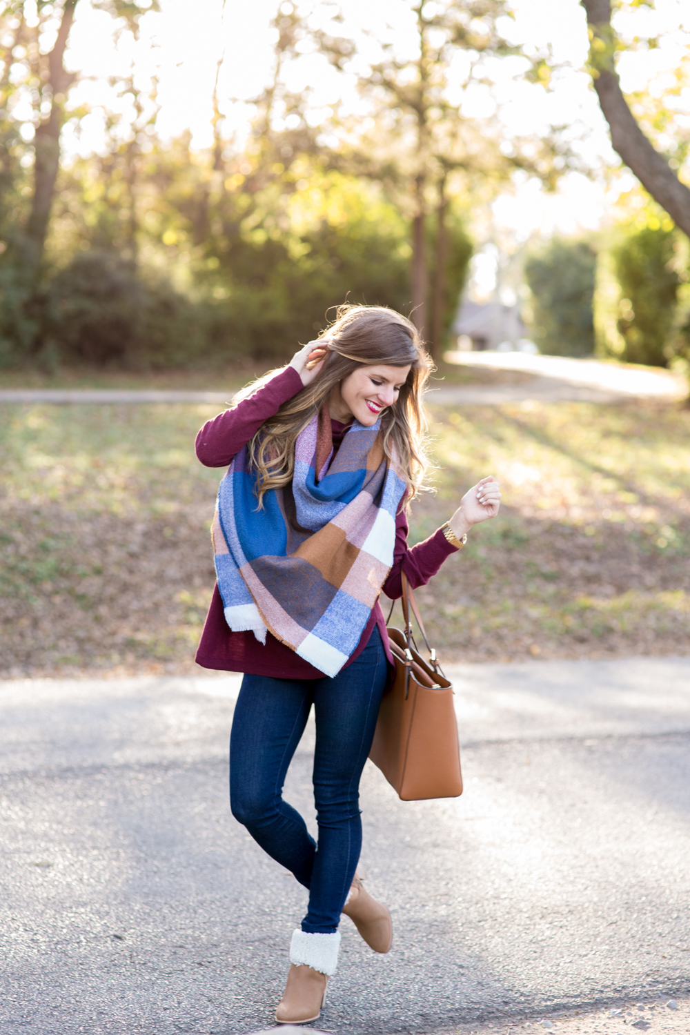 oversized plaid blanket scarf with burgundy sweater and ugg charlee booties