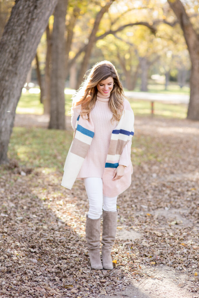 winter pastels and white jeans