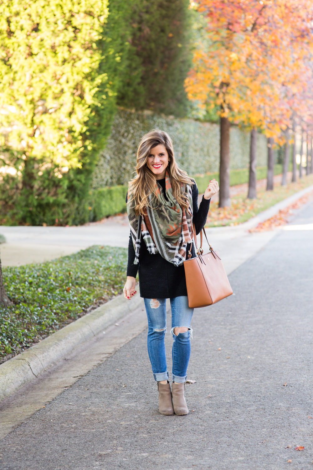 light weight blanket scarf, AG distressed skinny jeans, grey leather ankle booties, tory burch york tote, fall outfit idea, long black tunic, brightontheday, casual outfit