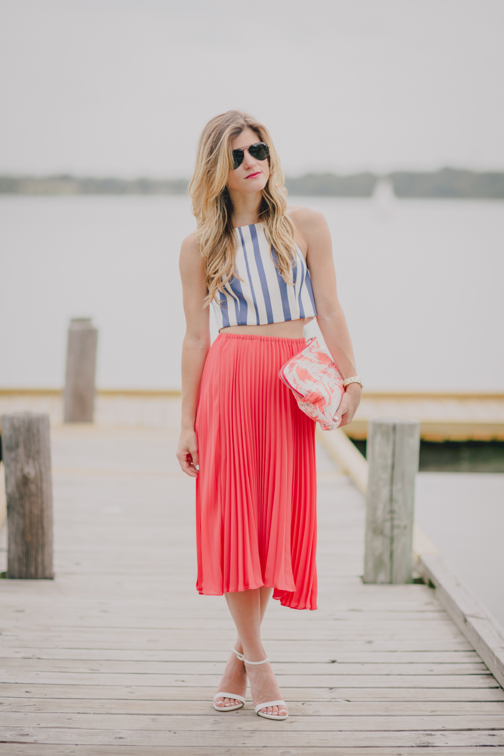 coral pleated midi skirt light blue crop top outfit