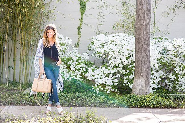 brightontheday seen wearing blue tassel kimono and black tank with rebecca minkoff satchel 