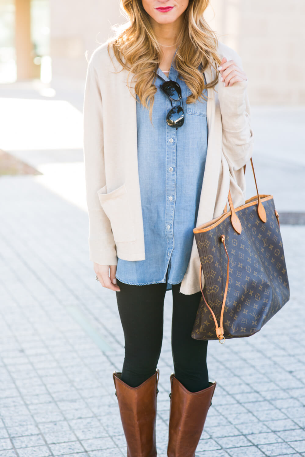 cardigan + chambray shirt + neverfull tote 