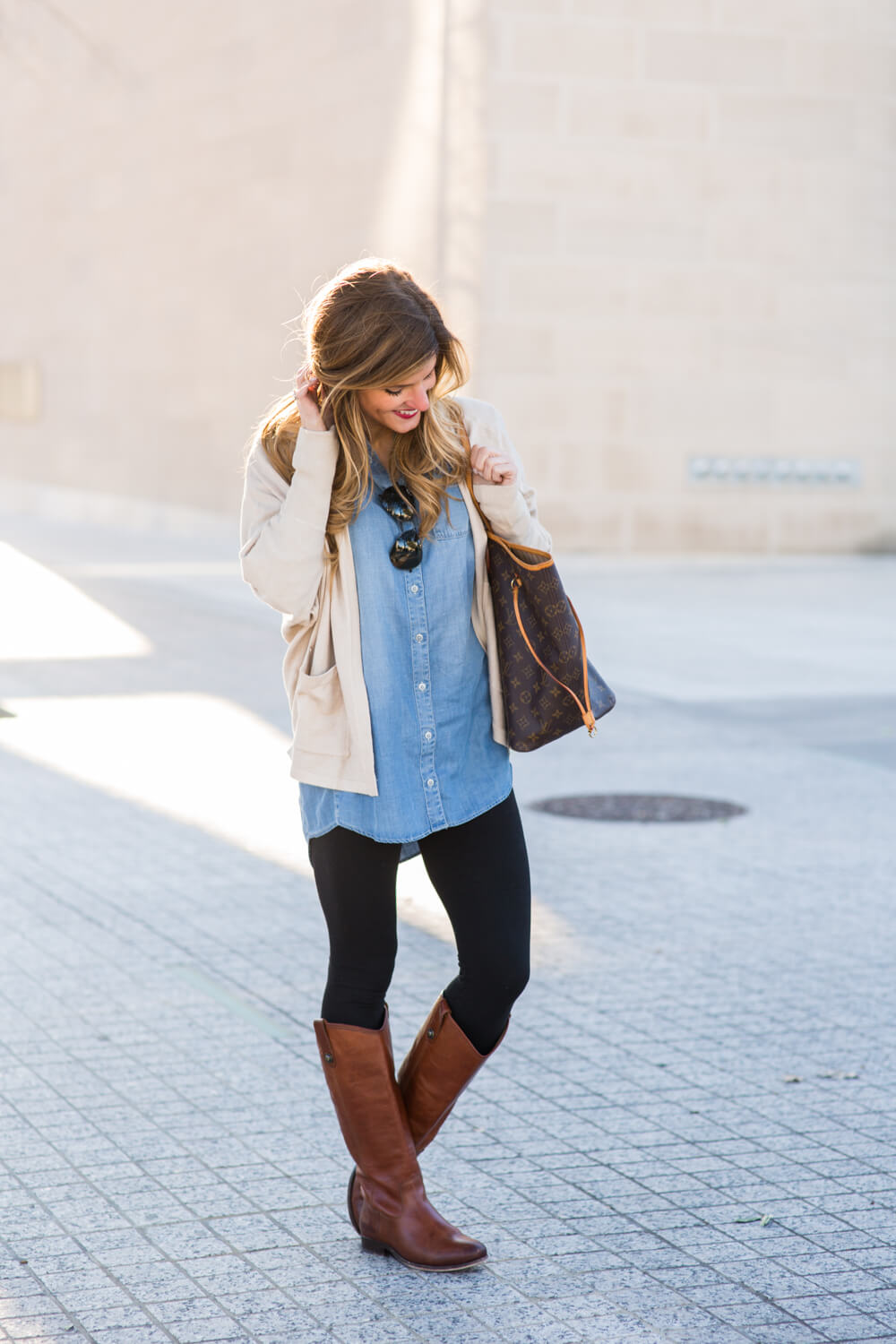 jean shirt + riding boots + cardigan + leggings