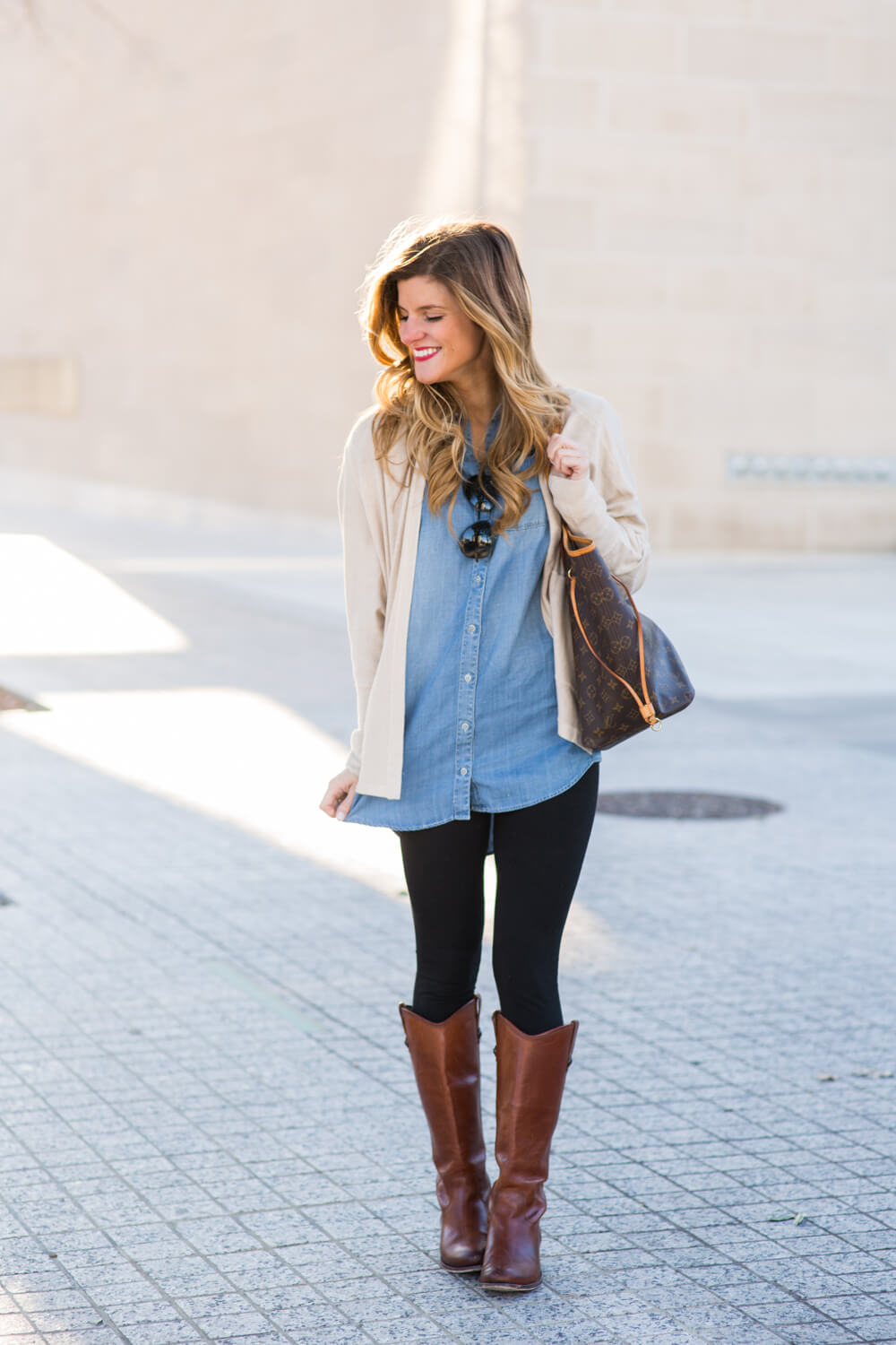 jean shirt + leggings + cardigan