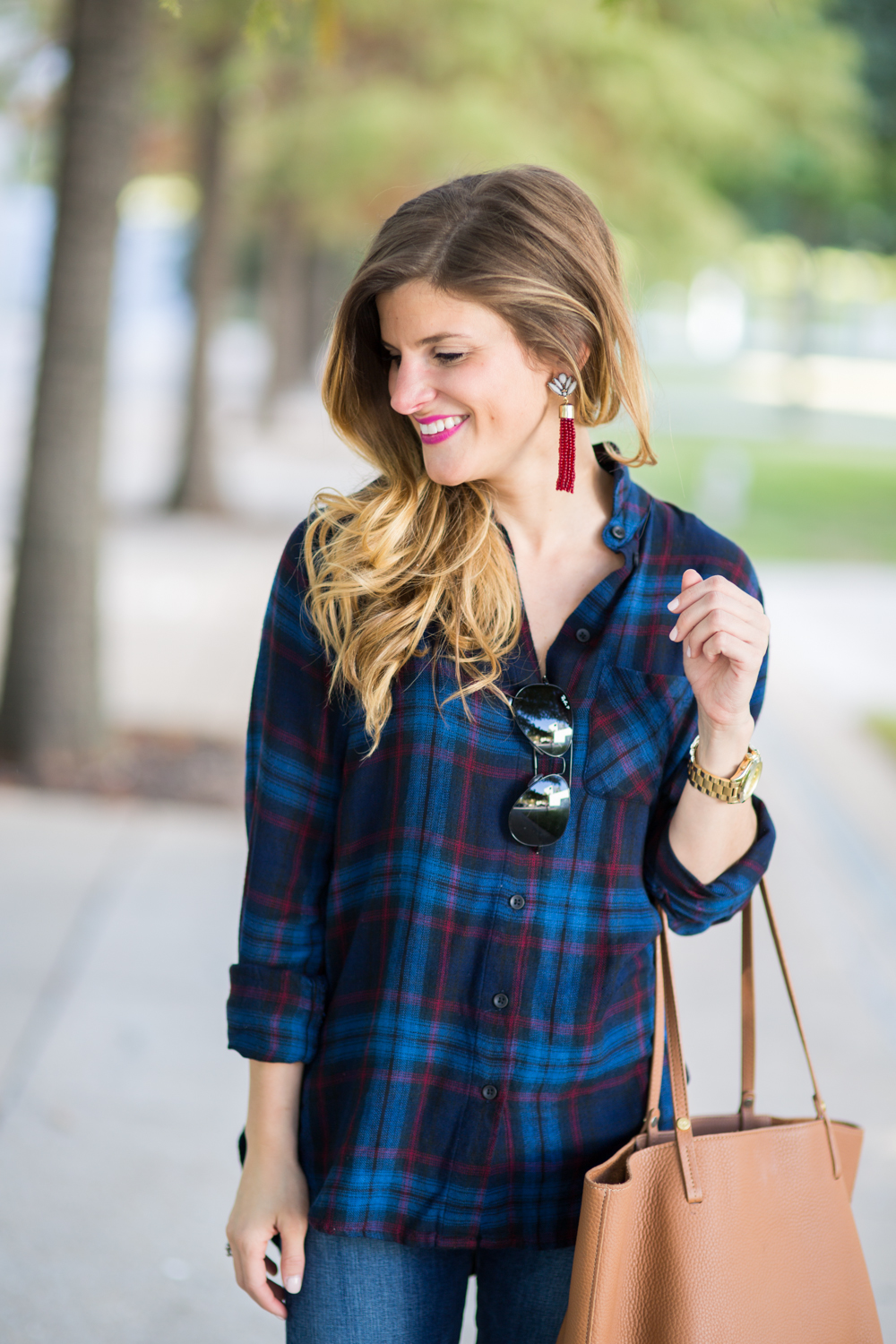 Fall Plaid Shirt outfit with baublebar burgundy tassel drop earrings and jeans 