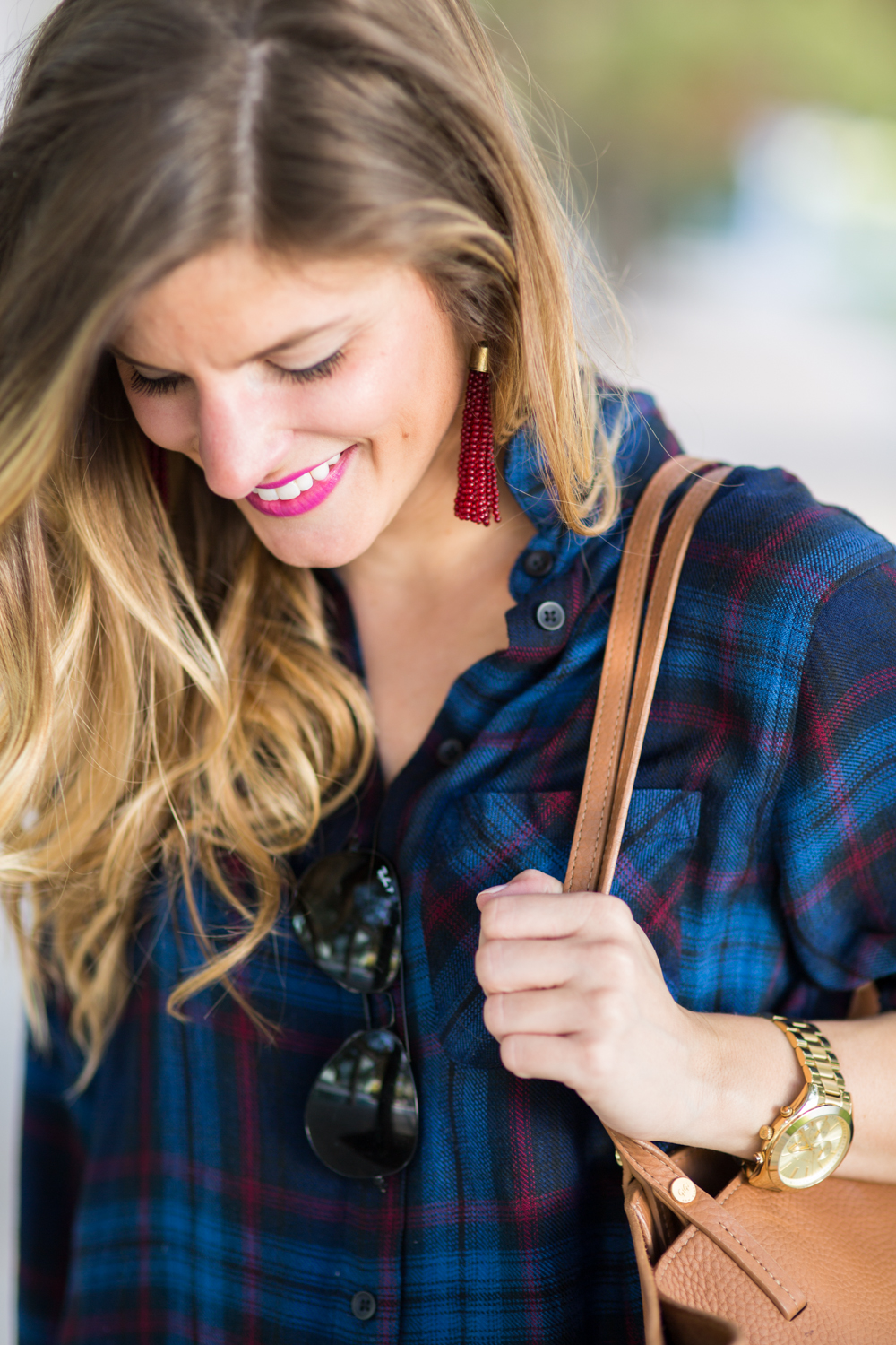 Fall Plaid Shirt outfit with baublebar burgundy tassel drop earrings and jeans 