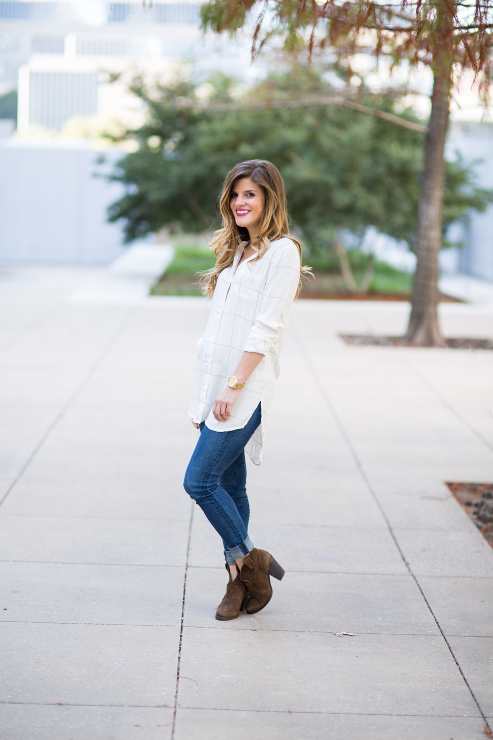 fall windowpane plaid tunic shirt and jeans